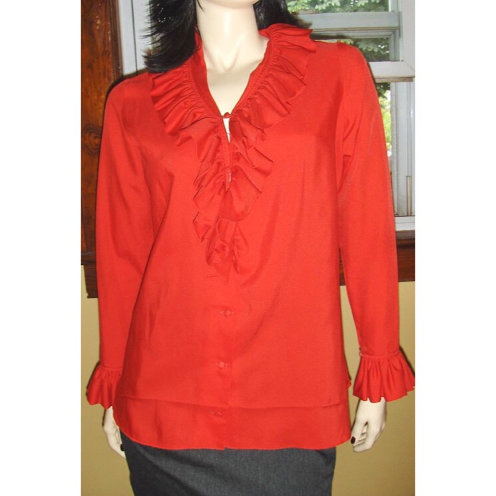 Vintage 70s Saks Fifth Ave Sexy Secretary Retro Red Ruffle Button down Blouse